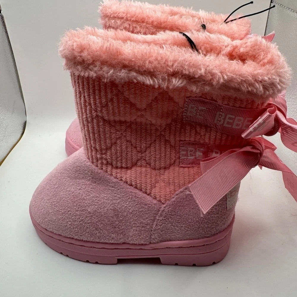 NWT Bebe Toddler Girl Size 7 Pink Ribbon Detail Faux Fur Lined Winter Boots